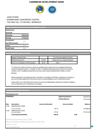 Download Barbados Caribbean Development bank statement excel Photoshop template